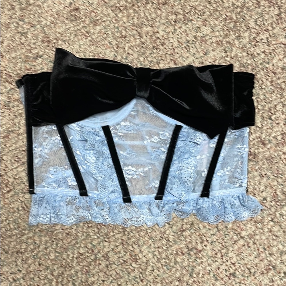 Blue Lace Bustier with velvet accent and Bow- new